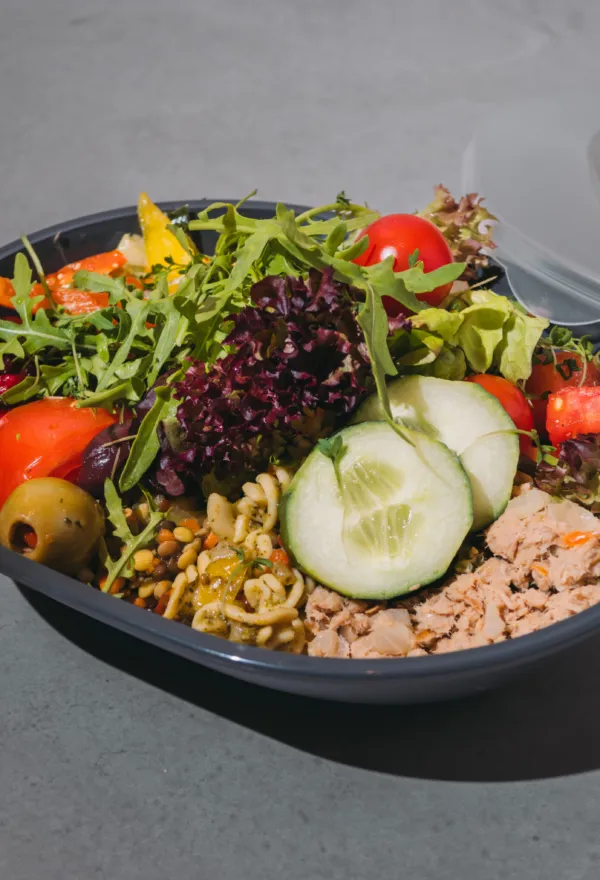 Take-away-Schale mit Salat, Gurke, Tomaten und Nudeln