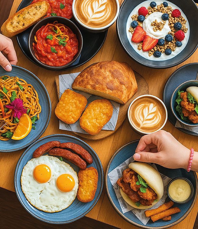 Brunch Ein Tisch voller reichhaltiger Gerichte zum Brunchen.